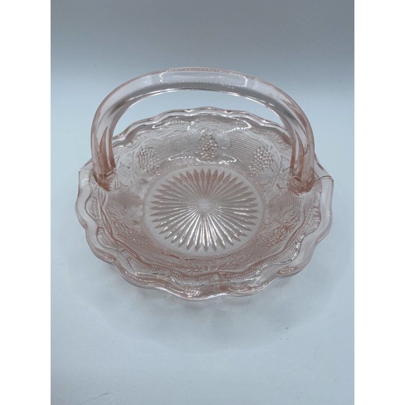 Westmoreland Pink Depression Glass Basket Grape Motif Ruffled Edge - Picture 4 of 5